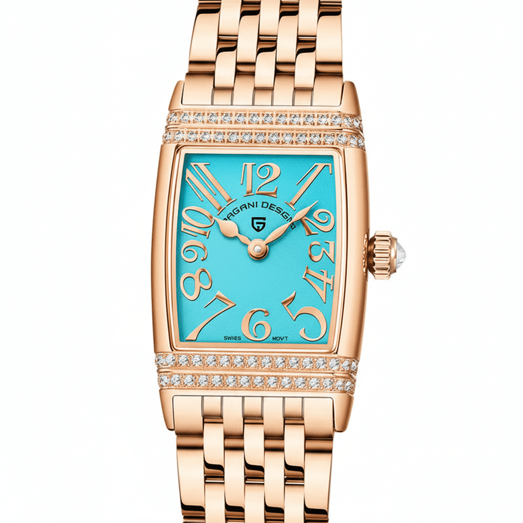 Relógio Pagani Design Feminino Retangular Safira e Cristais Gold BlueGramora | Luxury Ladies Clothing