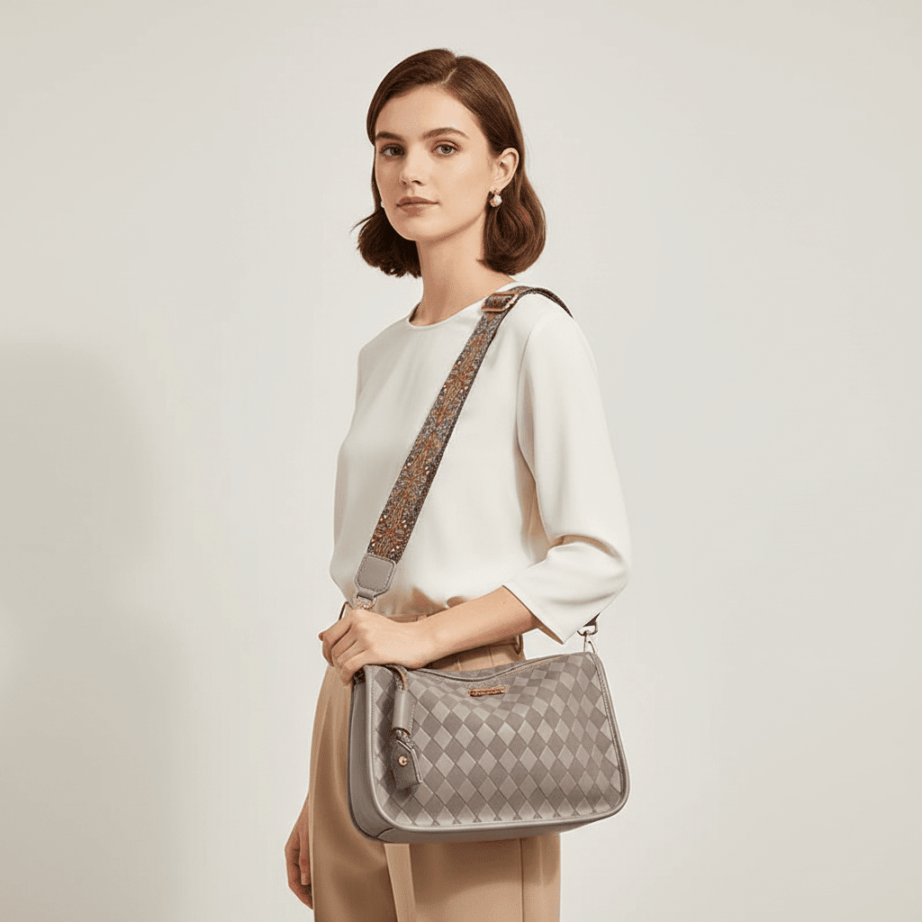 Bolsa Transversal com Estampa Geométrica e Alça Larga Preta BegeGramora | Luxury Ladies Clothing