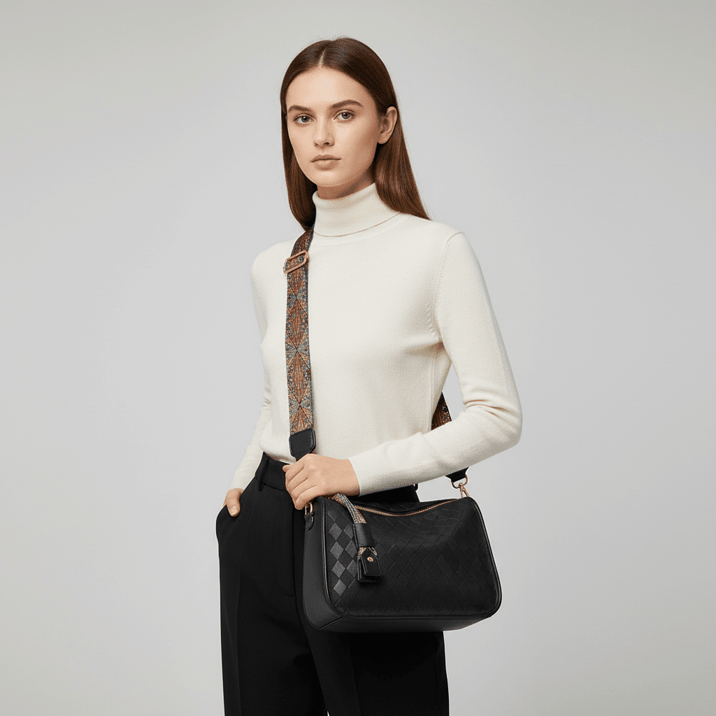 Bolsa Transversal com Estampa Geométrica e Alça Larga PretaGramora | Luxury Ladies Clothing