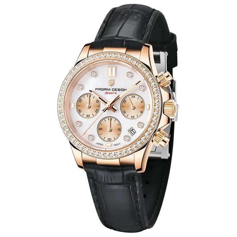 Relógio Pagani Design Feminino Cronógrafo com Safira e Cristais Gold BlackGramora | Luxury Ladies Clothing
