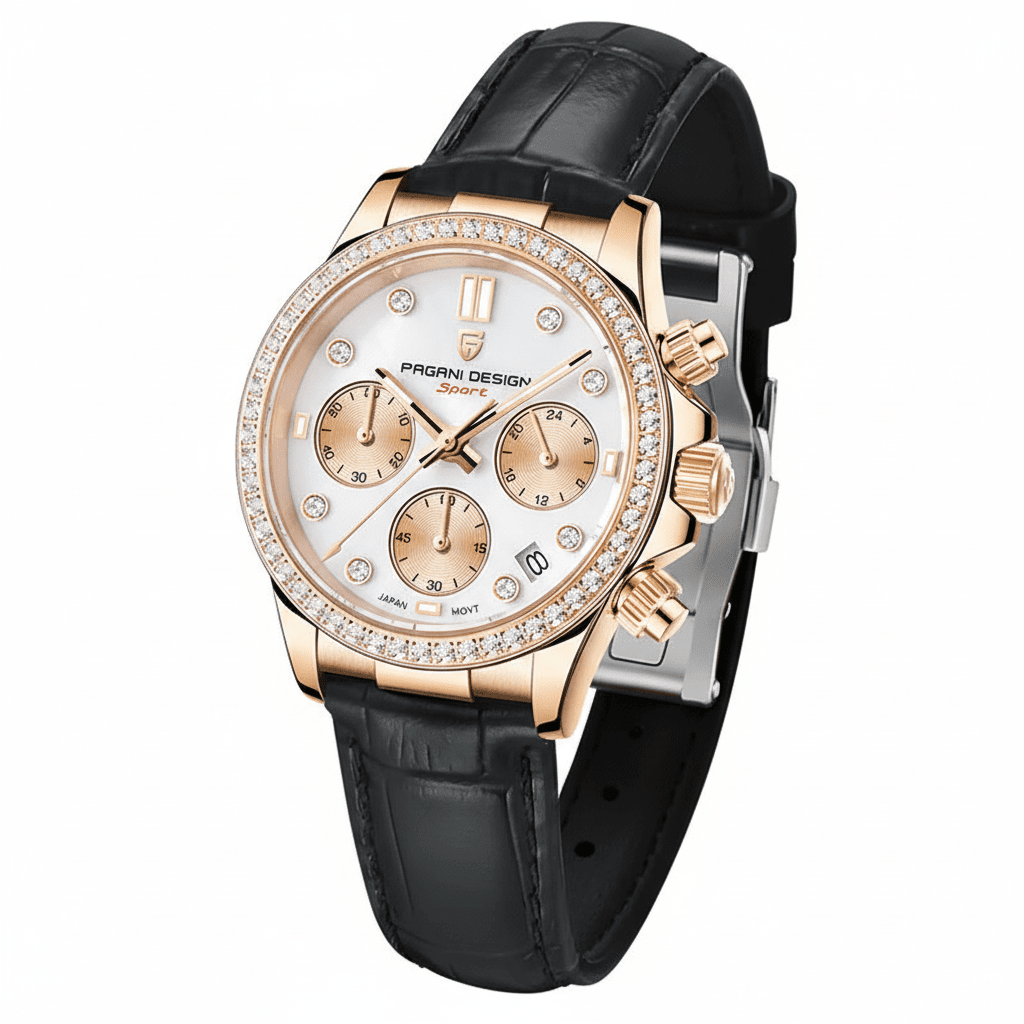 Relógio Pagani Design Feminino Cronógrafo com Safira e Cristais Gold BlackGramora | Luxury Ladies Clothing