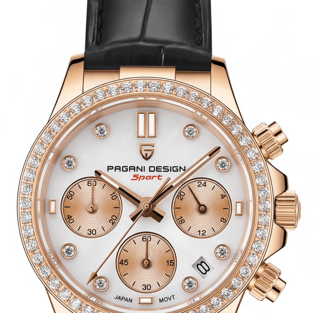 Relógio Pagani Design Feminino Cronógrafo com Safira e Cristais Gold BlackGramora | Luxury Ladies Clothing