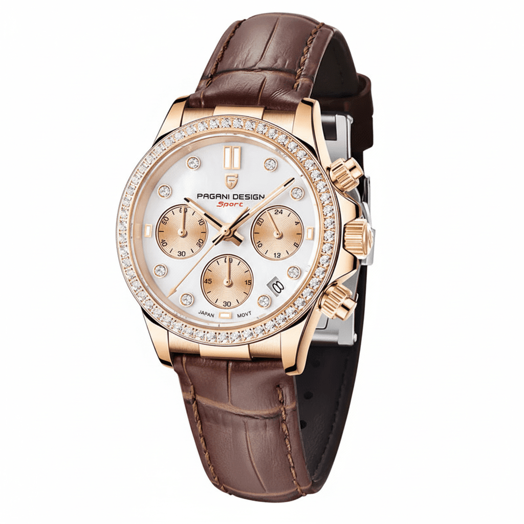 Relógio Pagani Design Feminino Cronógrafo com Safira e Cristais GoldGramora | Luxury Ladies Clothing