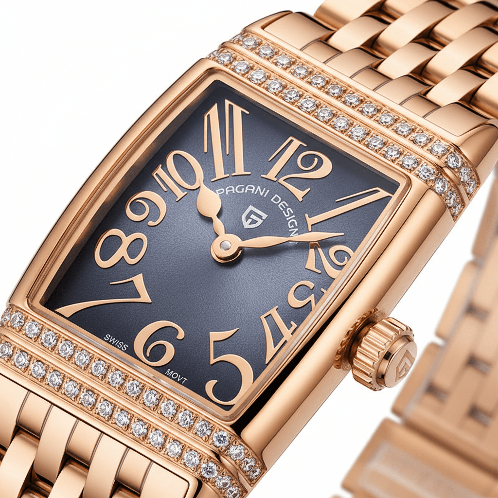 Relógio Pagani Design Feminino Retangular Safira e Cristais Gold BlackGramora | Luxury Ladies Clothing