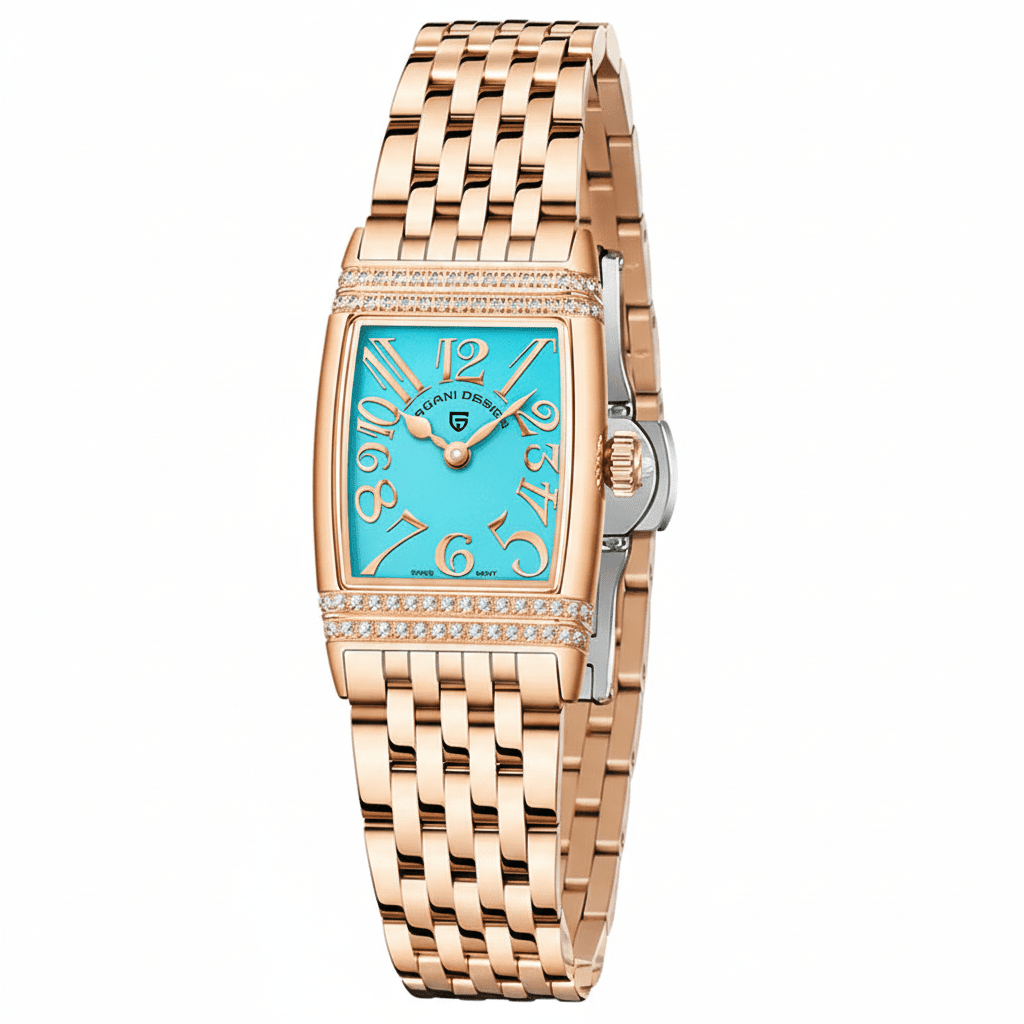 Relógio Pagani Design Feminino Retangular Safira e Cristais Gold BlueGramora | Luxury Ladies Clothing