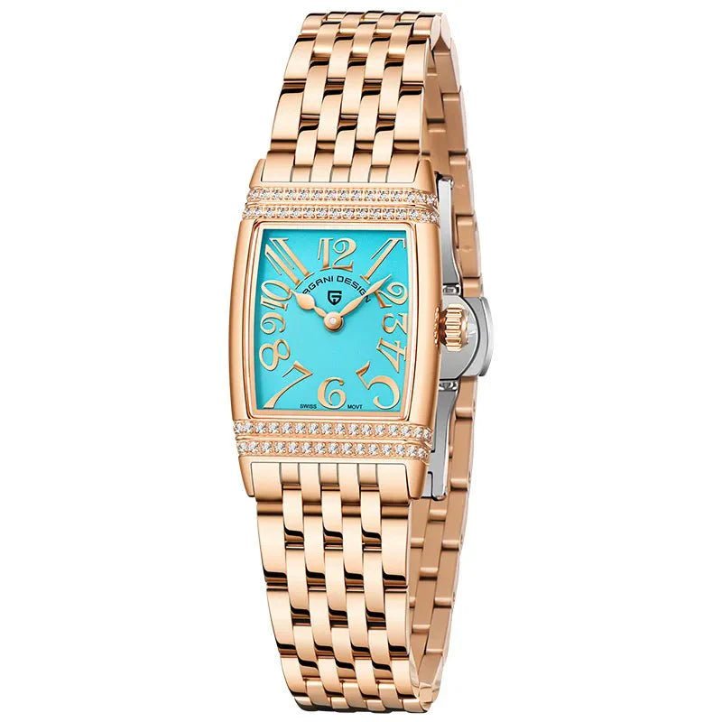 Relógio Pagani Design Feminino Retangular Safira e Cristais Gold BlueGramora | Luxury Ladies Clothing