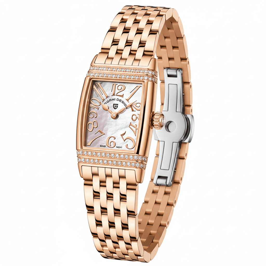 Relógio Pagani Design Feminino Retangular Safira e Cristais Gold WhiteGramora | Luxury Ladies Clothing