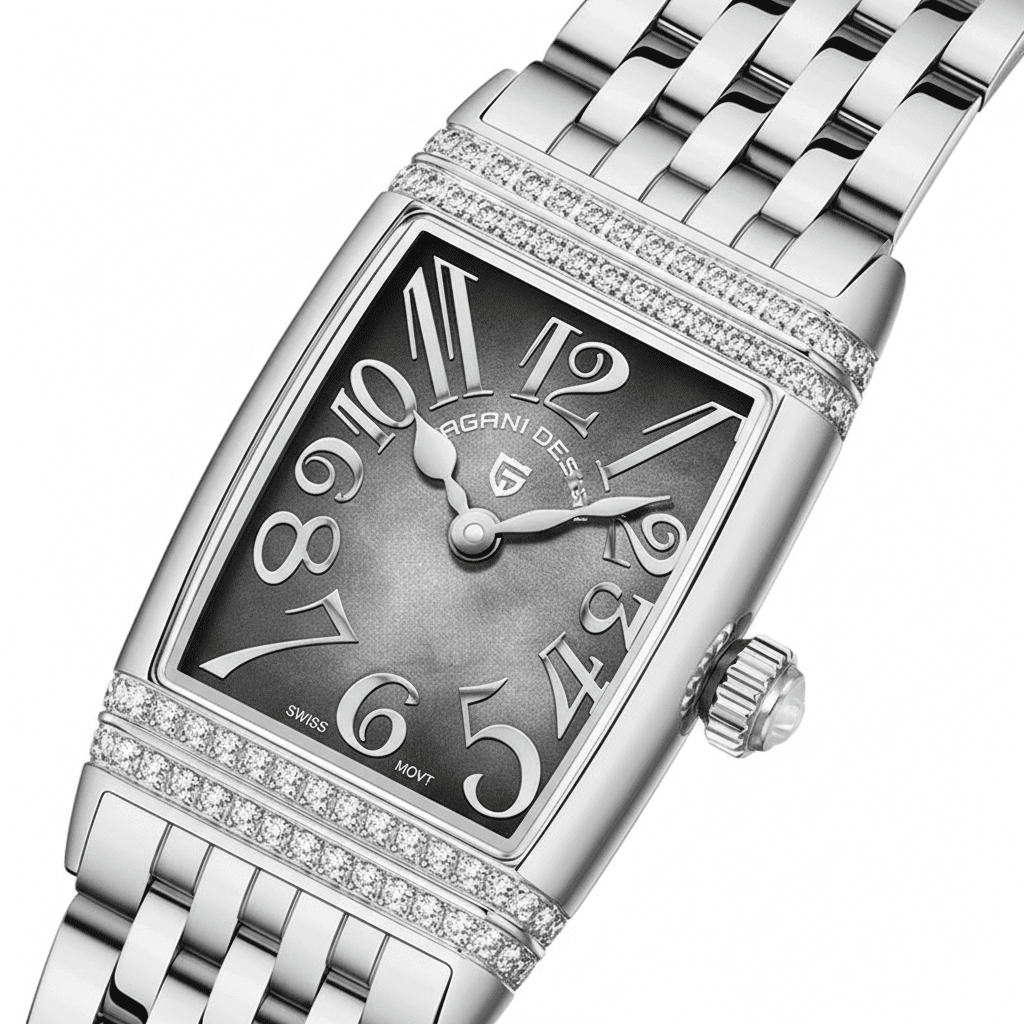 Relógio Pagani Design Feminino Retangular Safira e Cristais Silver BlackGramora | Luxury Ladies Clothing