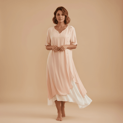 Vestido Feminino Midi em Camadas com Botões.Gramora | Luxury Ladies Clothing