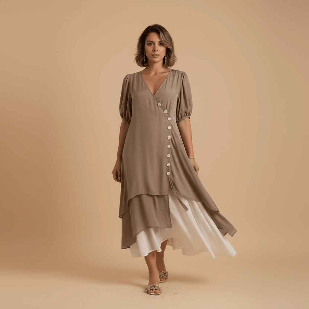 Vestido Feminino Midi em Camadas com Botões.Gramora | Luxury Ladies Clothing