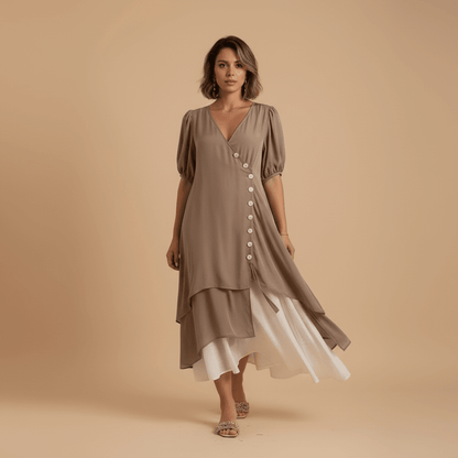 Vestido Feminino Midi em Camadas com Botões.Gramora | Luxury Ladies Clothing